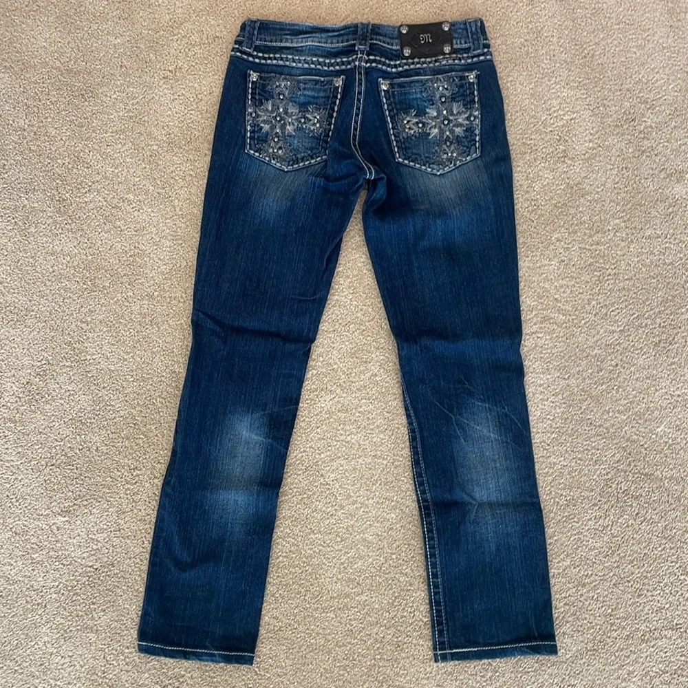 Miss Me Dark Blue Skinny Jeans with Intricate Silver Details - Picture 2 of 7
